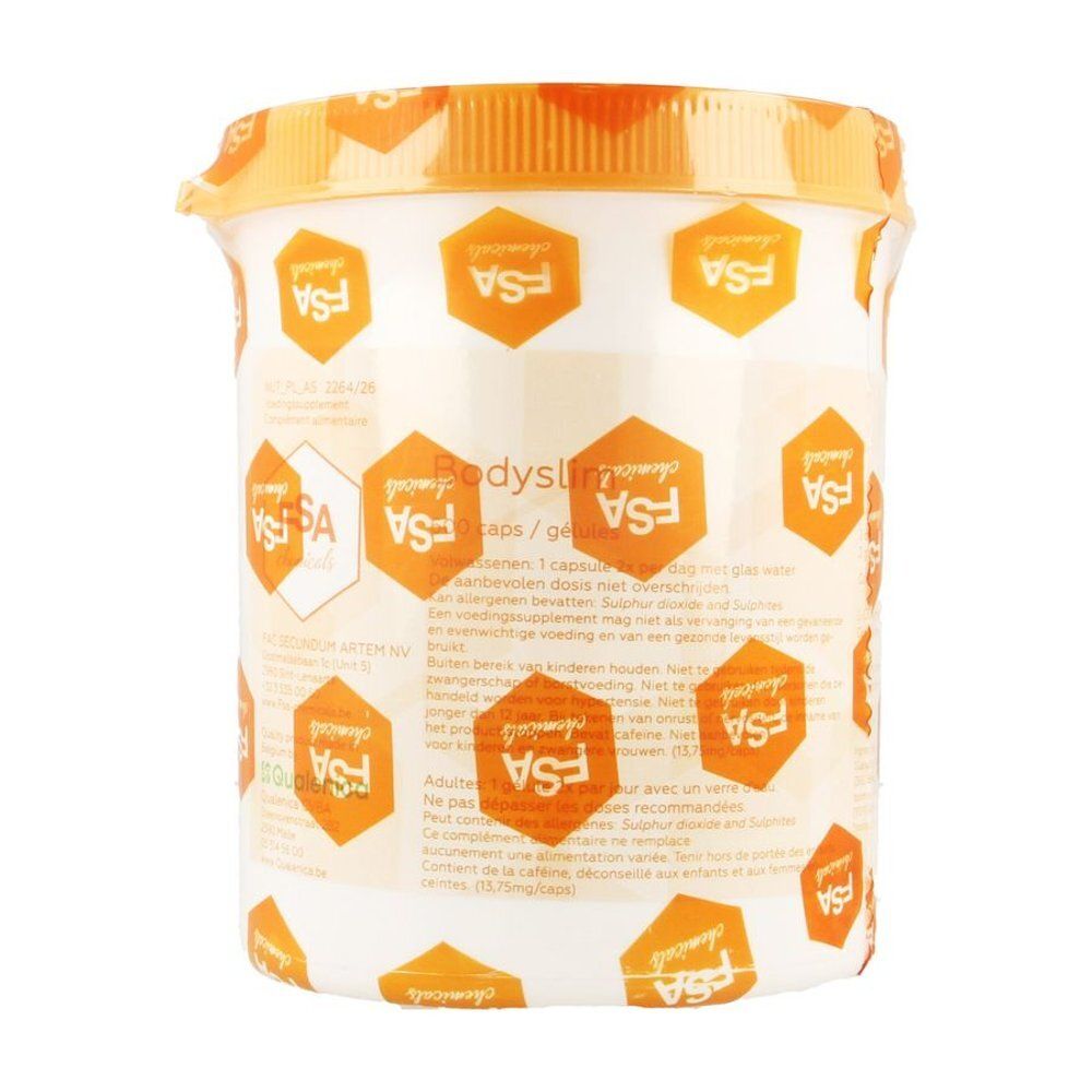 Witte container met oranje deksel. Opschrift Bodyslim en FSA-logo. Tekst in meerdere talen.