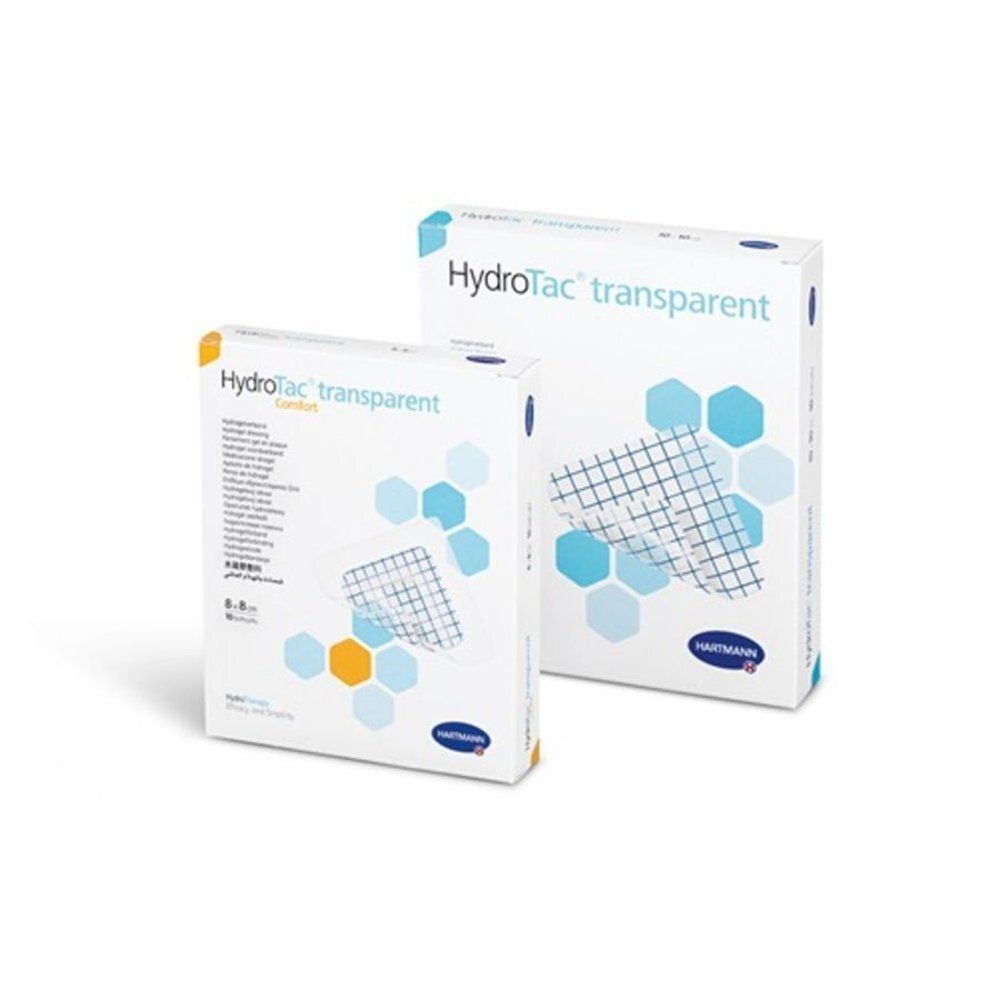 Deux boîtes de pansements HydroTac transparents. Impression avec nom du produit et marque Hartmann.