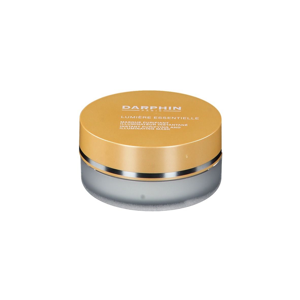 Ronde pot met gouden deksel. Opschrift: DARPHIN, LUMIÈRE ESSENTIELLE. Masker.