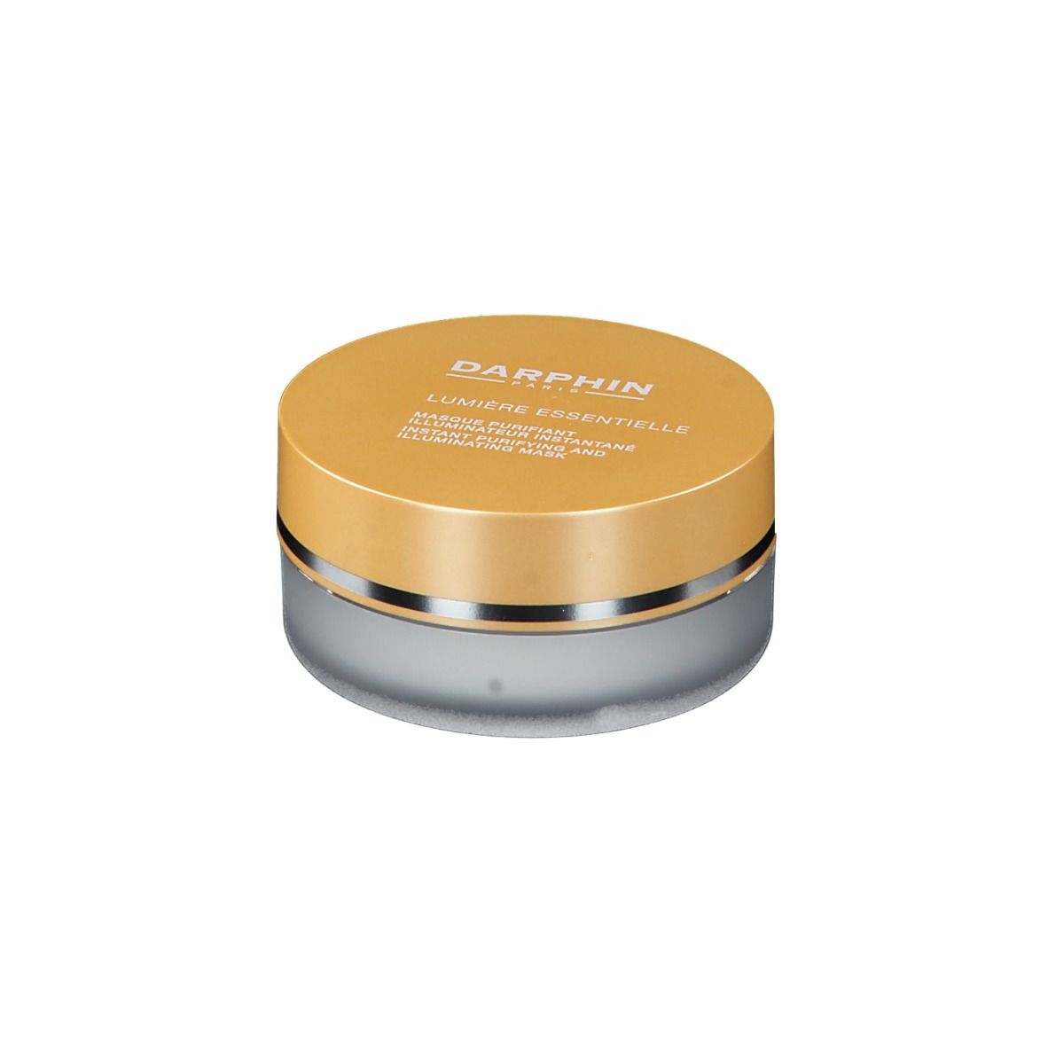 Ronde pot met gouden deksel. Opschrift: DARPHIN, LUMIÈRE ESSENTIELLE. Masker.