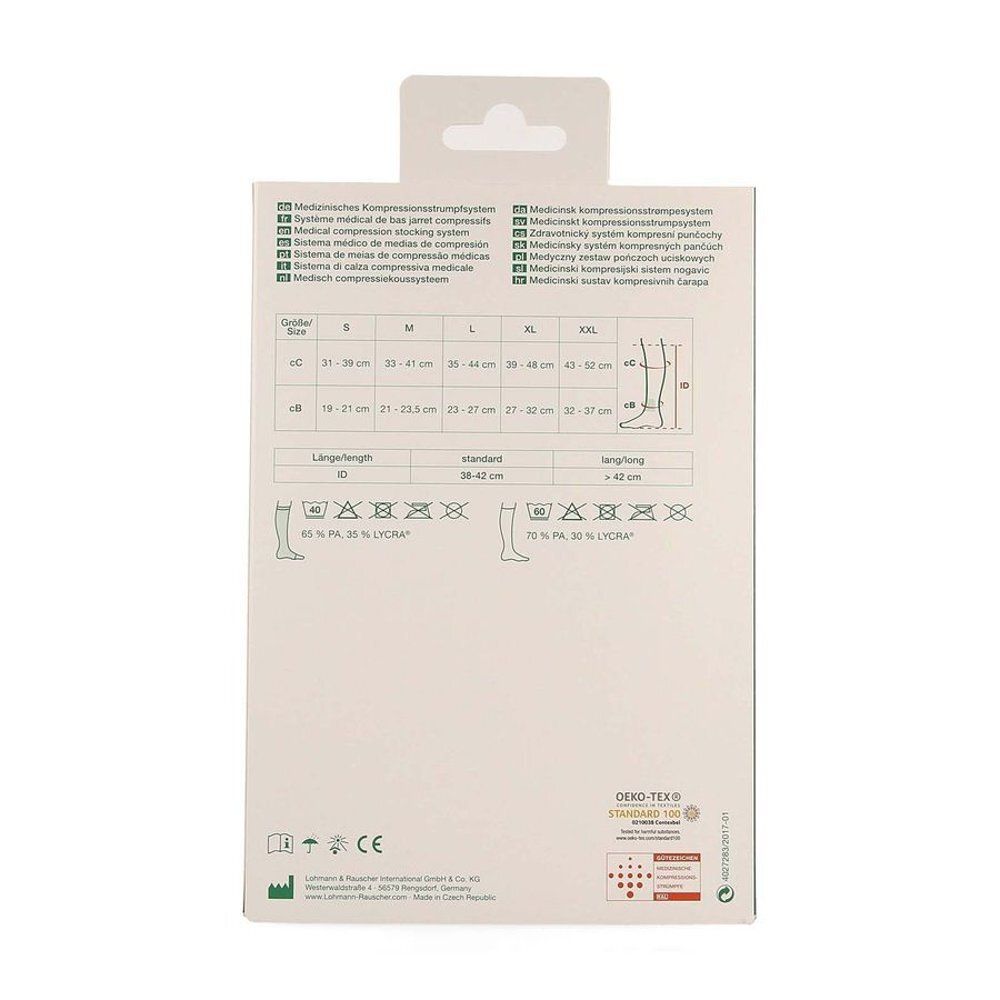 Achterkant verpakking Actico® UlcerSys Langer Strumpf. Maattabel en productinformatie.