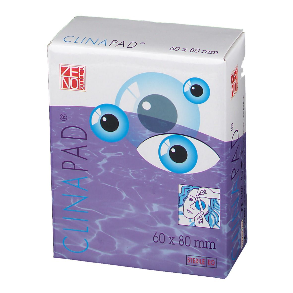 Boîte de Clinapad Apósito Ocular. Inscriptions : Clinapad, illustrations d'yeux, 60 x 80 mm, illustration.