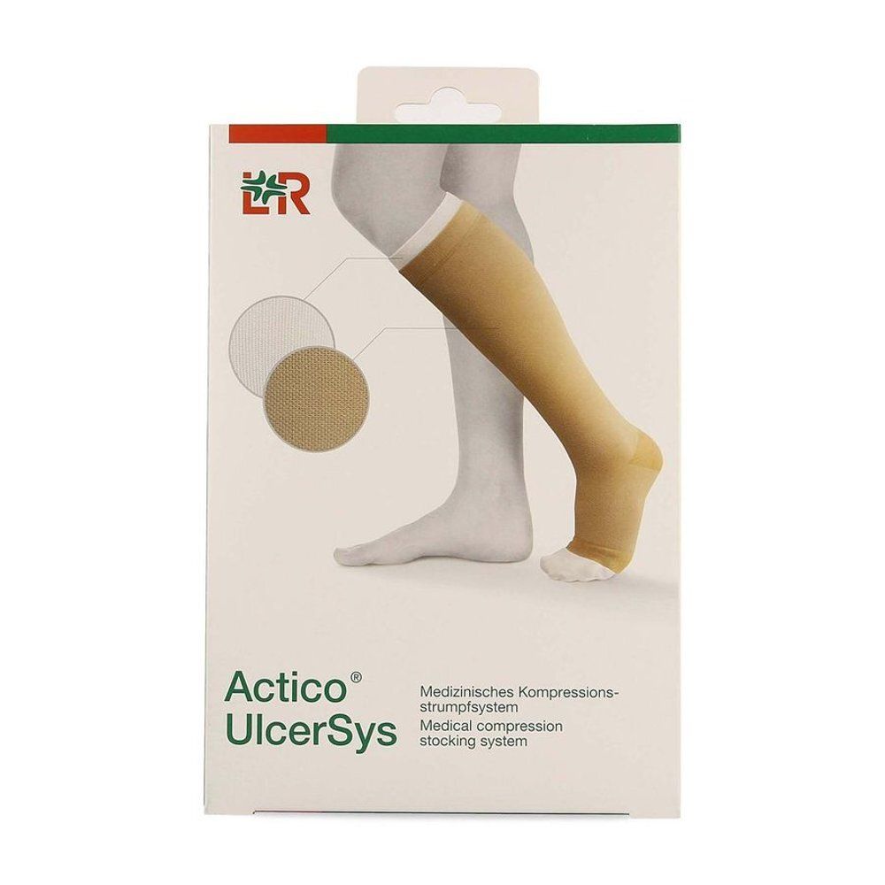 Boîte Actico® UlcerSys. Bas de compression beige sur illustration de jambe. Texte: Compression médicale.