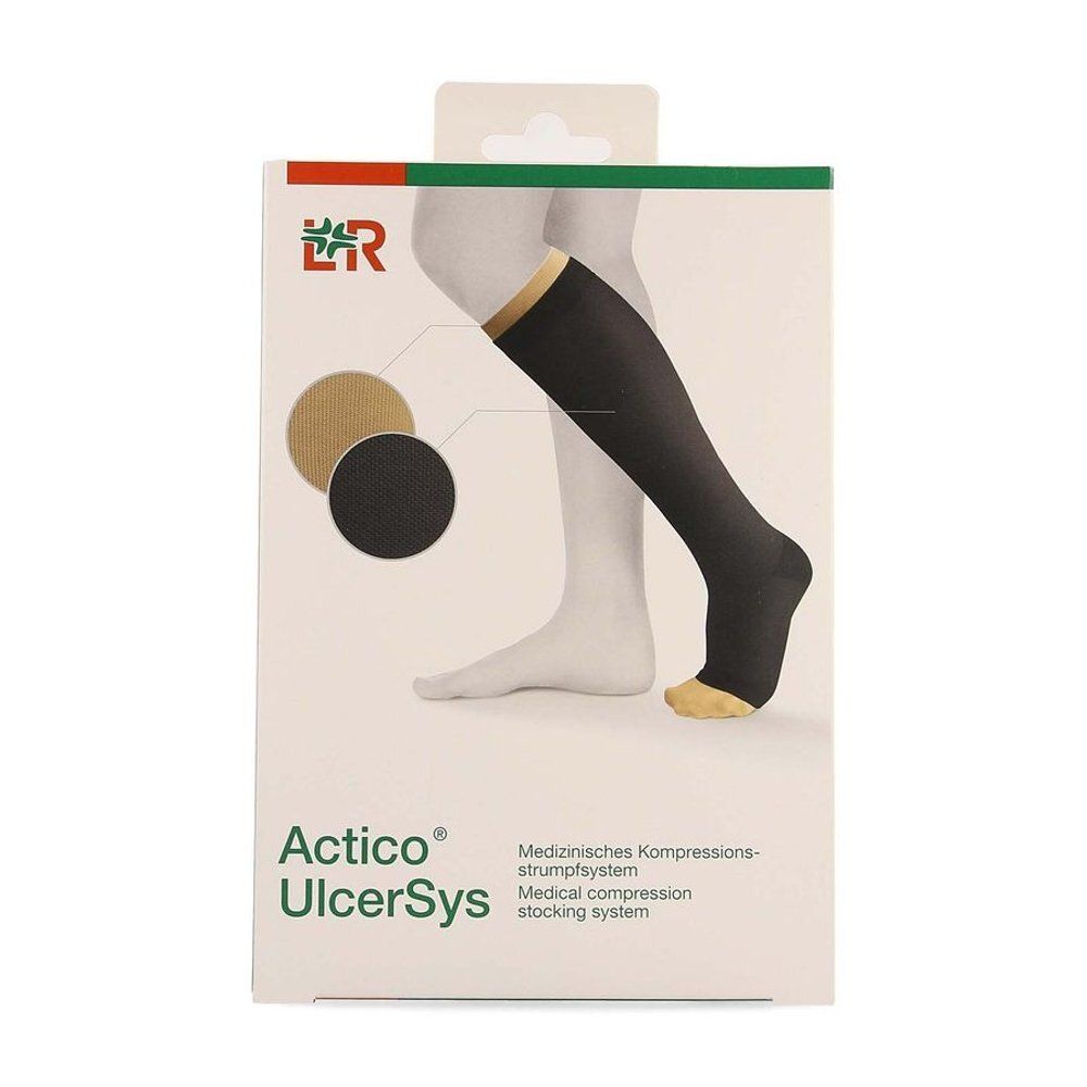 Verpakking Actico® UlcerSys System. Compressiekous zwart en beige. Tekst: Medische compressiekous.