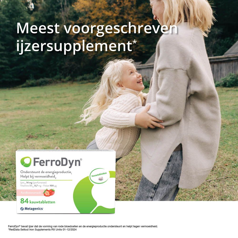 Verpakking FerroDyn. 84 kauwtabletten met aardbeiensmaak. Merk Metagenics.
