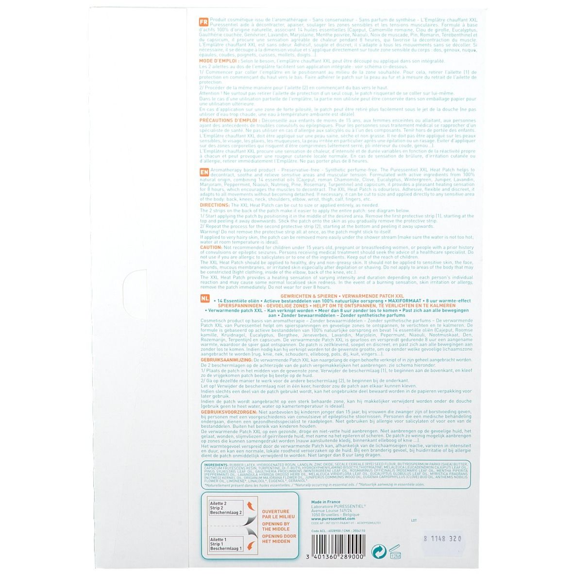 Dos d'emballage avec texte multilingue. Pictogrammes et code-barres en bas.