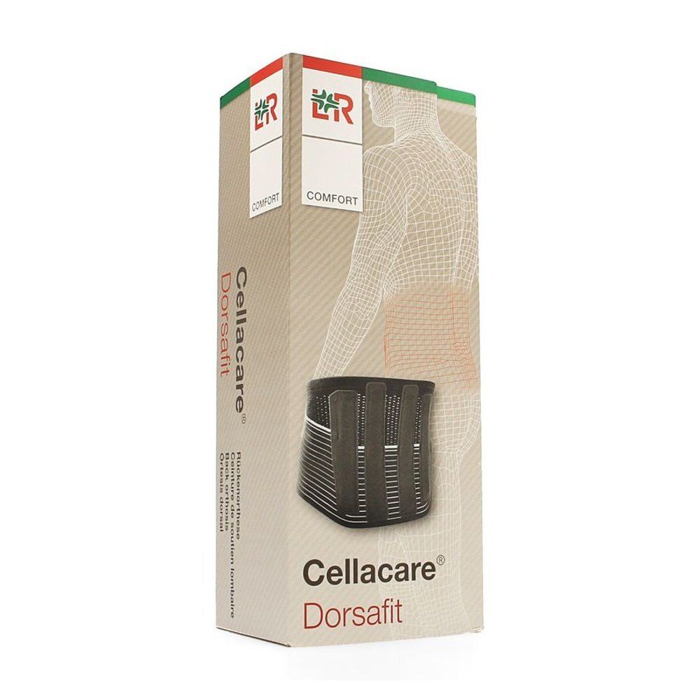 Cellacare Dorsafit Comfort, emballage avec image du produit. Orthèse dorsale noire, partiellement visible. Marque et nom du produit clairement visibles.