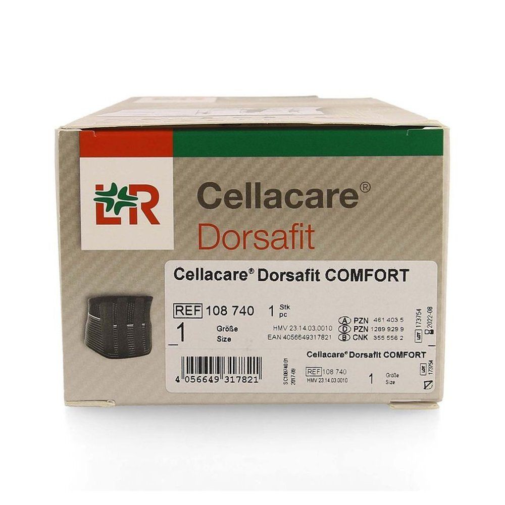Cellacare Dorsafit Comfort verpakking, bovenaanzicht. Productnaam, referentienummer en maatindicatie duidelijk zichtbaar.
