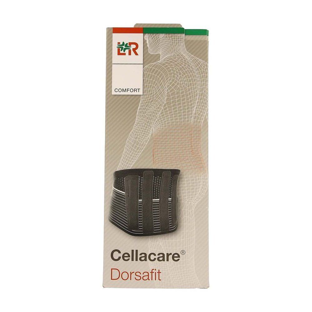 Cellacare Dorsafit Comfort, verpakking met productafbeelding. Zwarte rugbrace, gedeeltelijk zichtbaar. Merk en productnaam duidelijk zichtbaar.