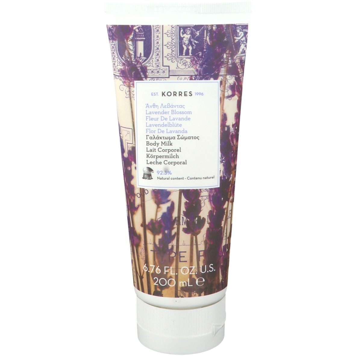 Bodylotion tube met paars lavendel ontwerp en witte dop. Tekst: Korres, Lavender Blossom, 200 ml.