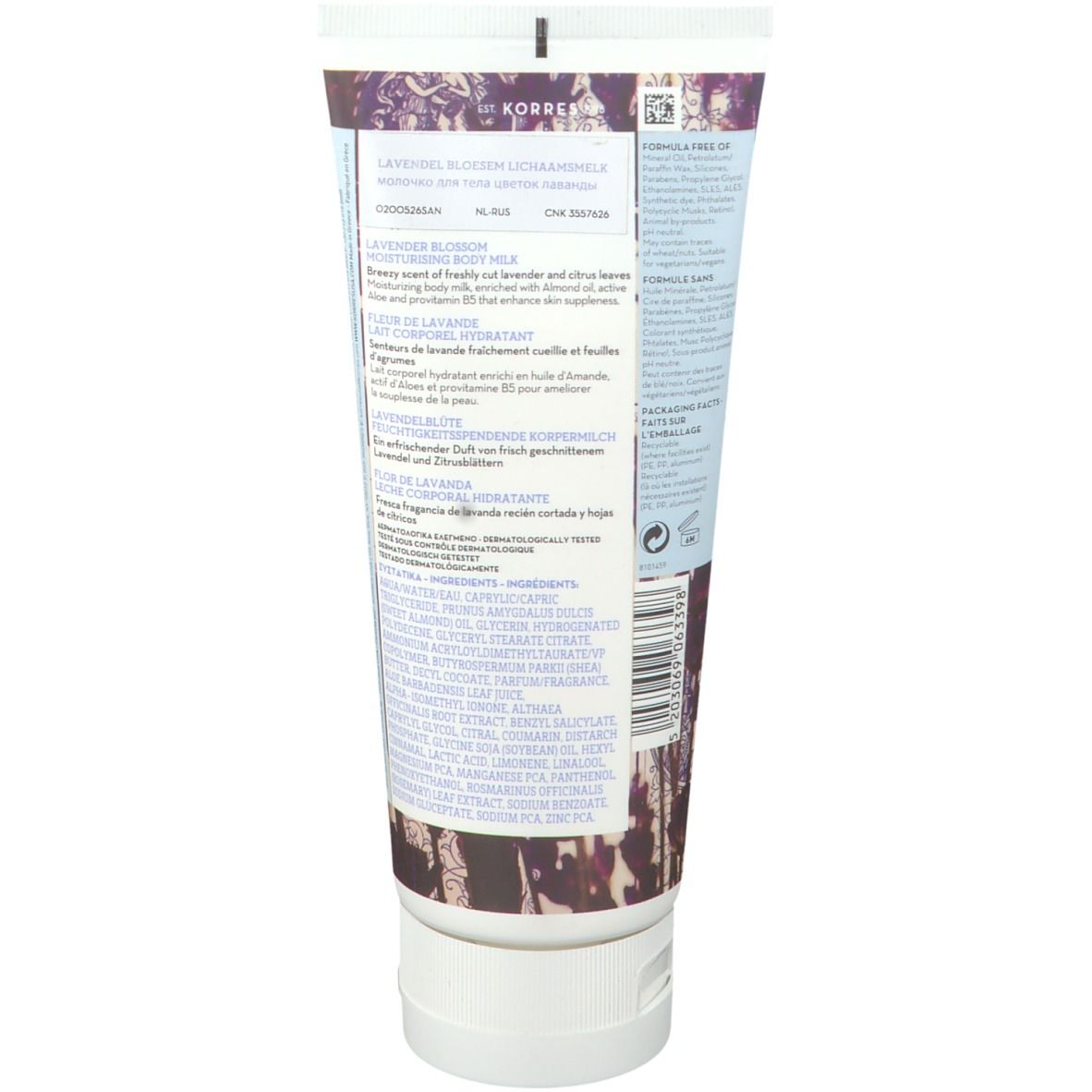 Achterkant van de bodylotion tube. Tekst: Lavender Blossom, ingrediënten, formule vrij van...