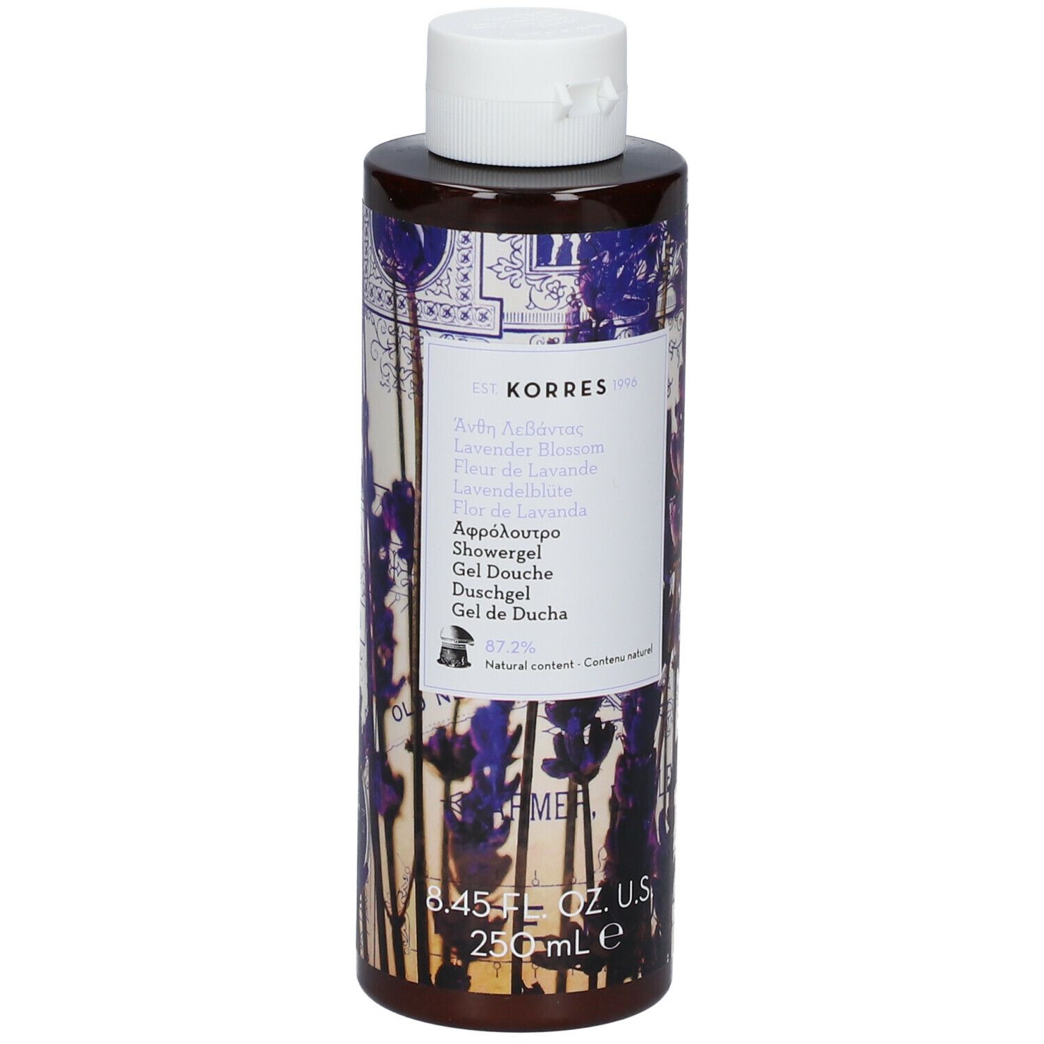 Gel douche Korres, flacon avec bouchon blanc. Inscription: Lavender Blossom, 250 ml.