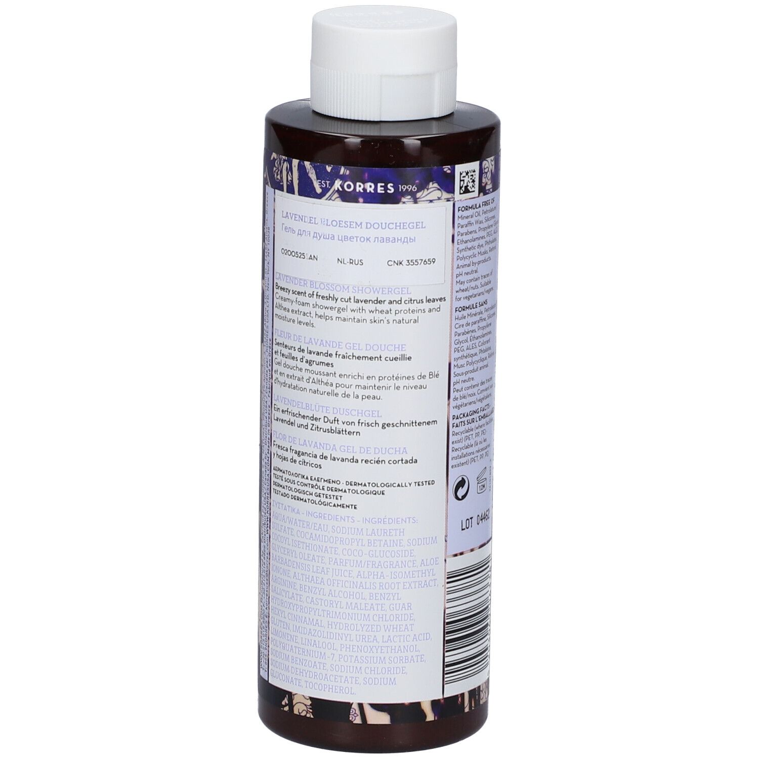 Flacon de gel douche Korres, texte: parfum, ingrédients, numéro de lot, 250 ml.