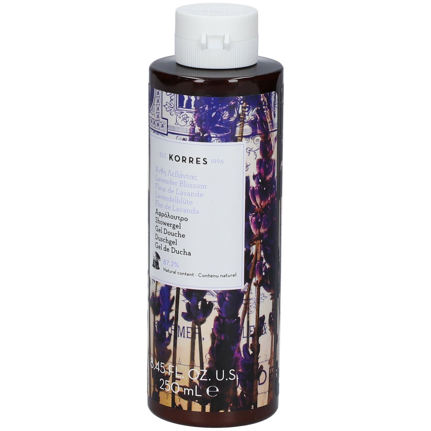 Gel douche Korres, flacon avec bouchon blanc. Inscription: Lavender Blossom, 250 ml.