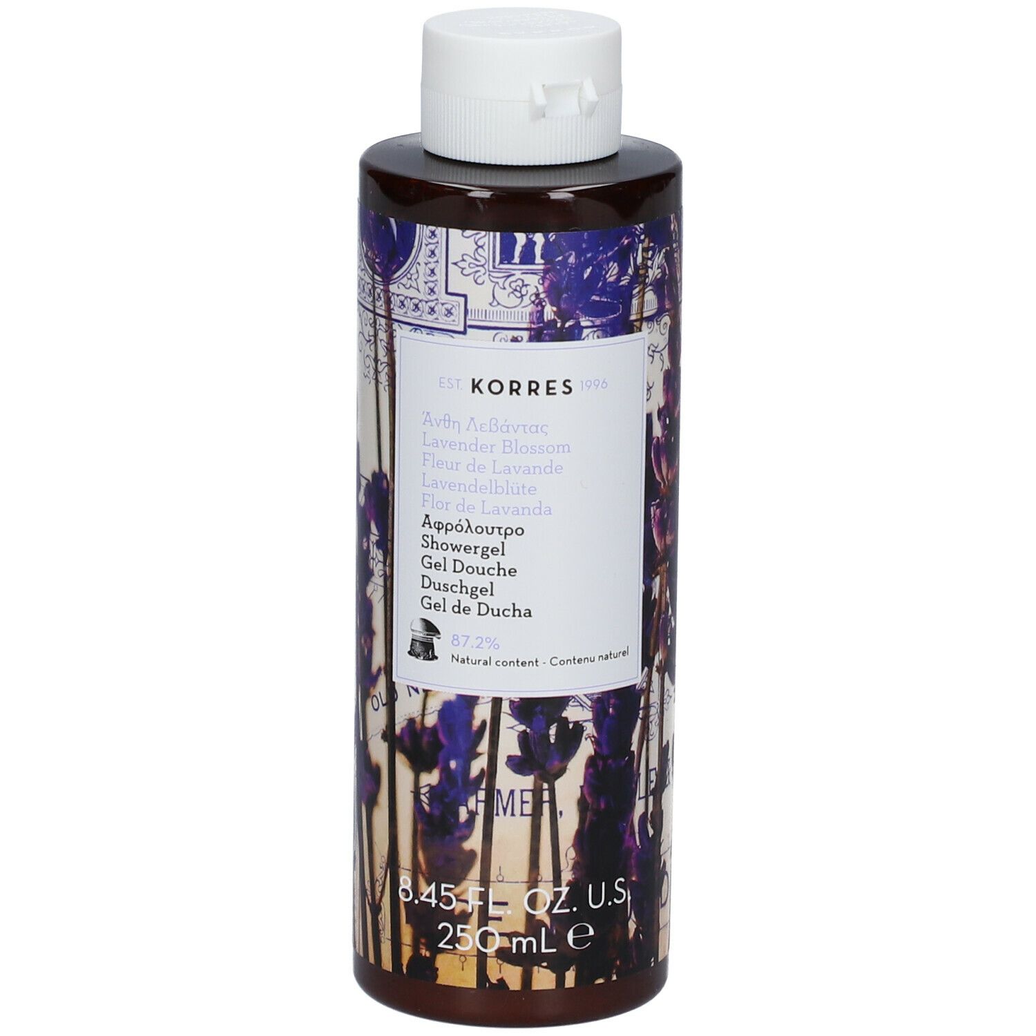 Gel douche Korres, flacon avec bouchon blanc. Inscription: Lavender Blossom, 250 ml.