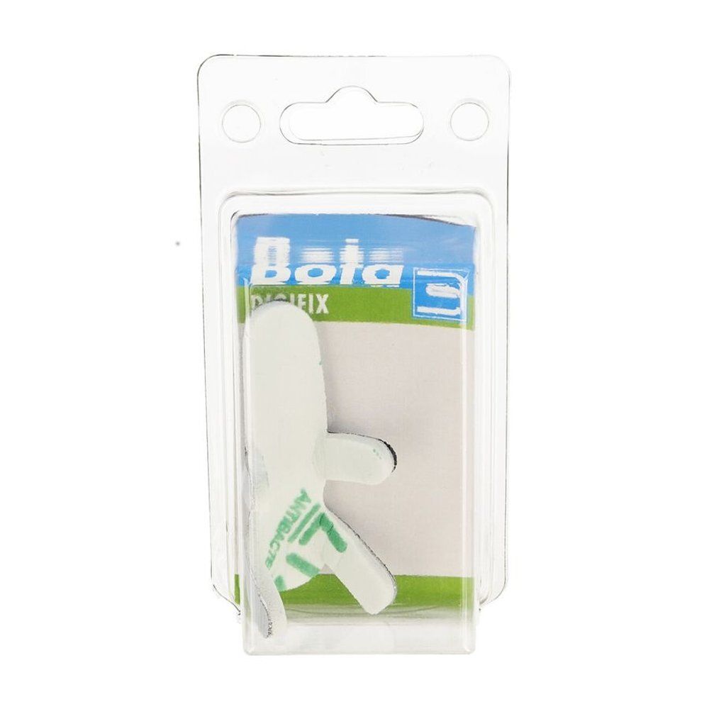 Verpakking. Transparante blisterverpakking met product. Opschrift: Bota DIGIFIX. Wit product met groene belettering. Voor vingers.
