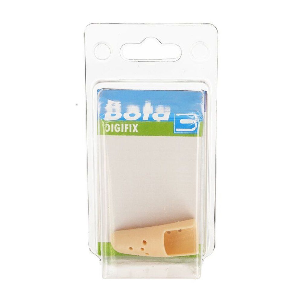Bota Digifix Fingermallet. Beige vingerbeschermer in blisterverpakking. Bota-logo en digifix-tekst op blauwe achtergrond.