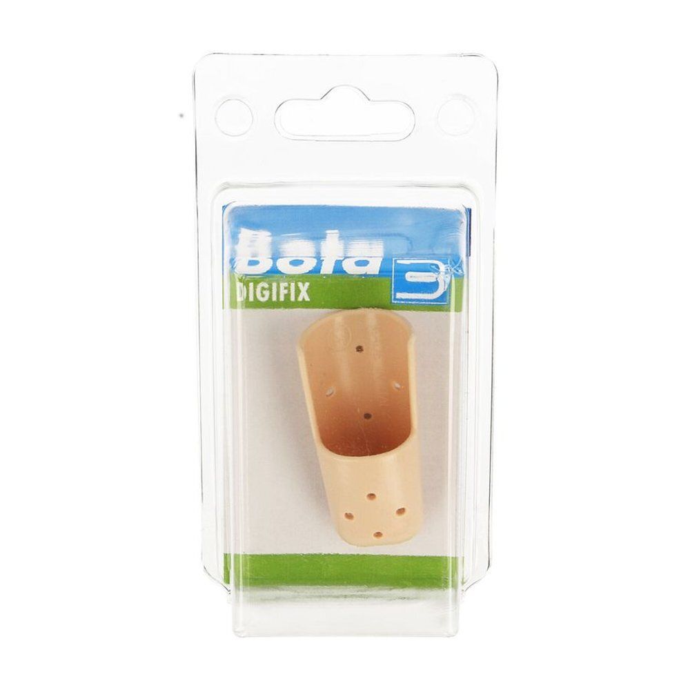 Attelle de doigt beige dans un emballage blister. Étiquette bleue avec "Bota digifix". Produit perforé.