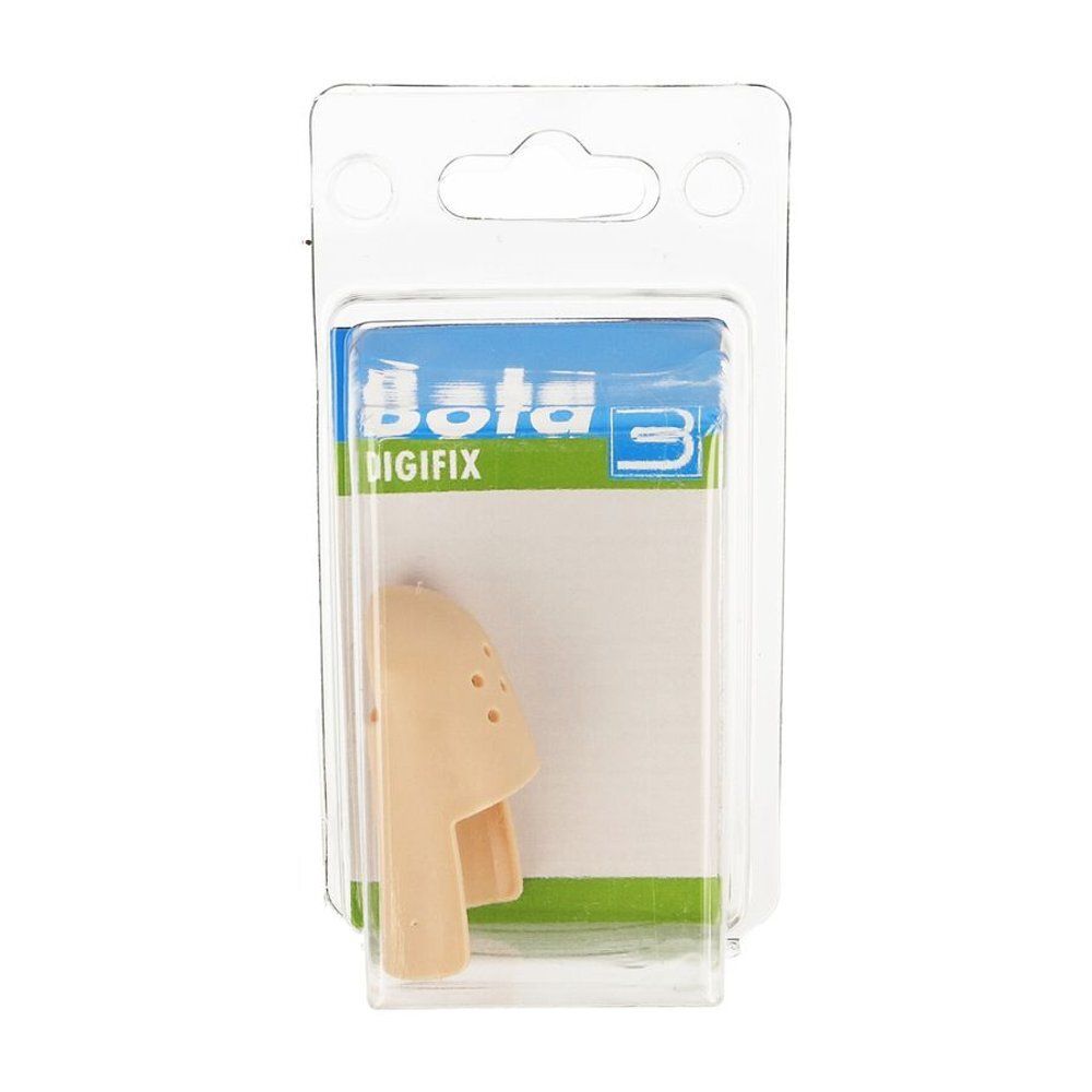 Bota Digifix Fingermallet. Protection de doigt beige dans un emballage blister. Étiquette produit visible avec logo et nom.