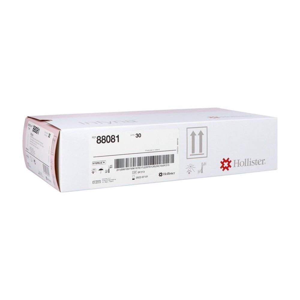 Doos met katheters. Opschrift: 88081, Hollister. Met barcode en symbolen. Wit met roze accenten.