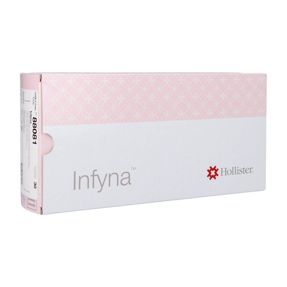 Doos met katheters. Opschrift: Infyna, Hollister. Wit met roze patronen en accenten. Zijkant met 88081.