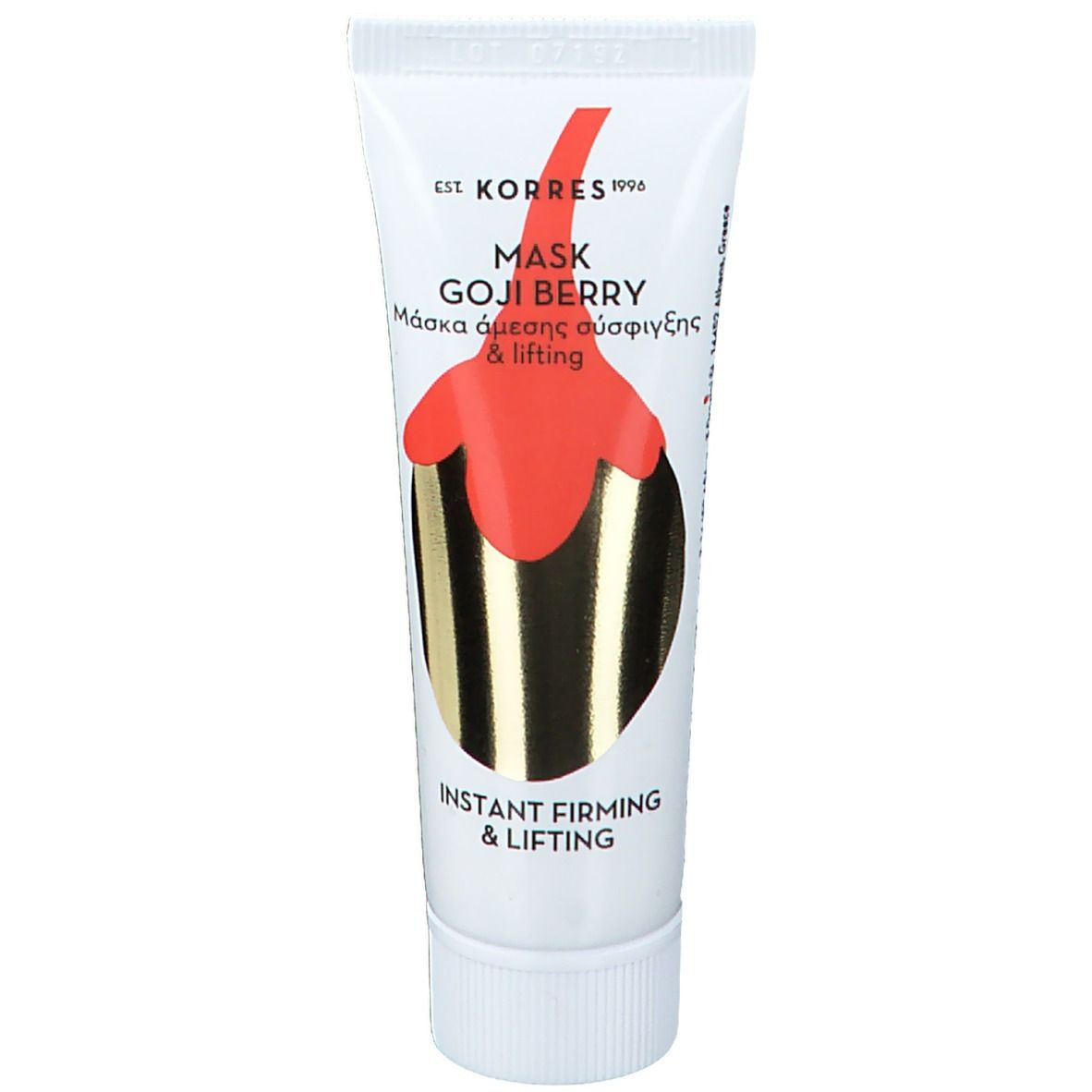 Witte tube met rood en goud design. Opschrift: KORRES, Mask Goji Berry, Instant Firming & Lifting.