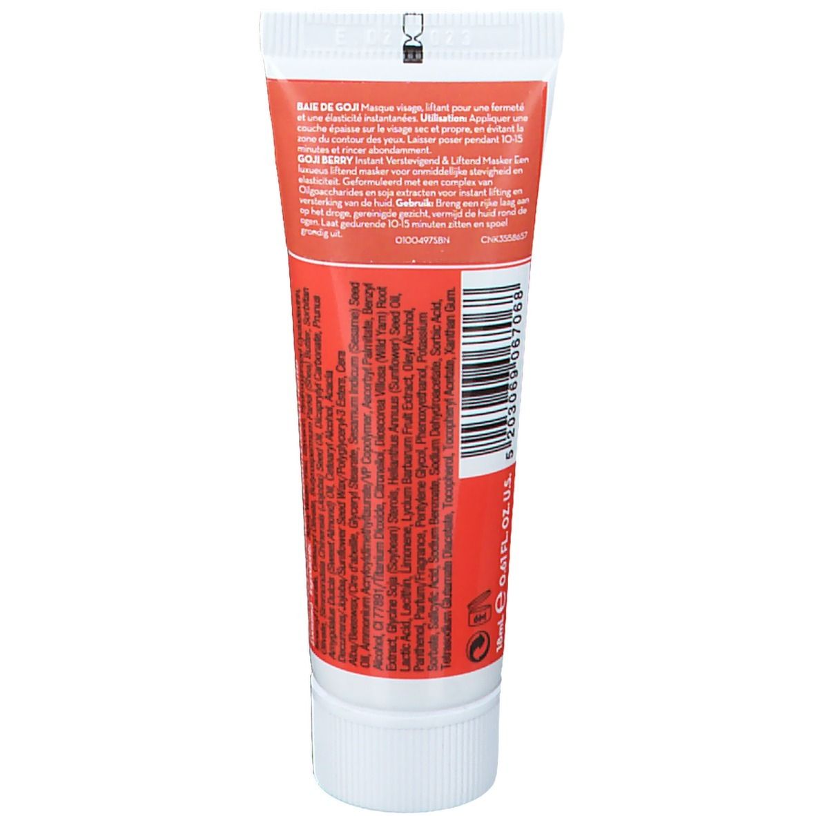 Achterkant van de witte tube. Tekst in meerdere talen, waaronder Goji Berry, Instant Firming & Lifting. Barcode.
