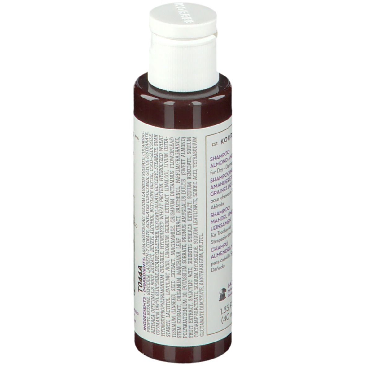 Flacon de shampooing KORRES. Dos avec ingrédients, bouchon blanc. Texte: Amande et lin pour cheveux secs.