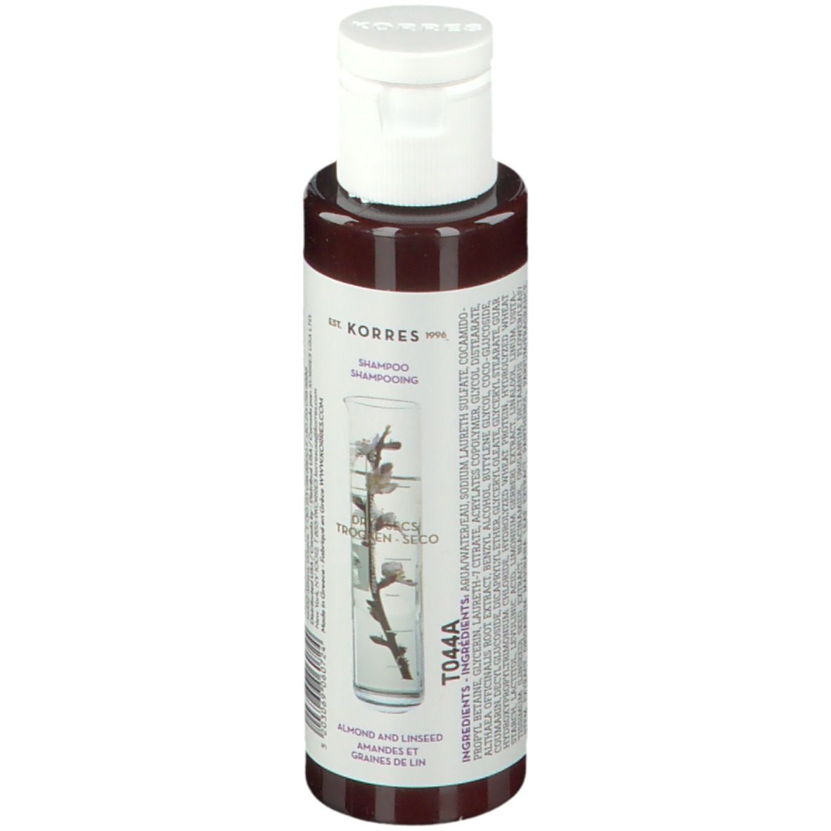 Flacon de shampooing KORRES. Brun, bouchon blanc. Étiquette avec ingrédients, illustration amande et lin.