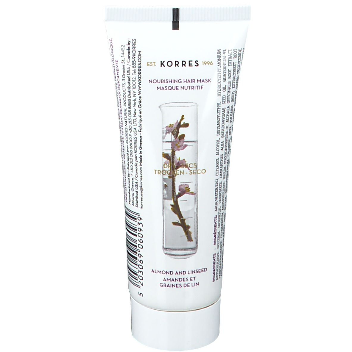 Tube blanc avec texte et illustration de fleur d'amandier. Marque KORRES® visible.