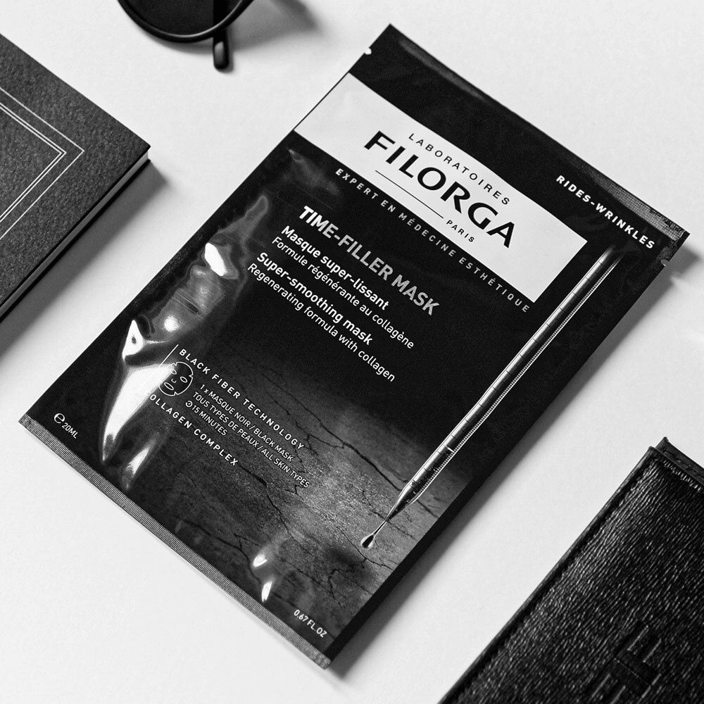 Masque facial en sachet. Produit : TIME-FILLER MASK. Marque : FILORGA. Contient du complexe de collagène. Technologie Black Fiber.