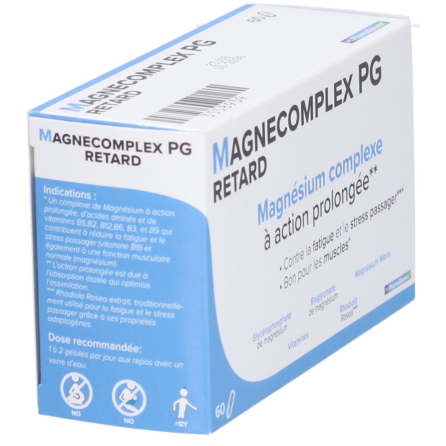 Boîte 'Magnecomplex Retard PG' avec texte: 'Magnésium complexe à action prolongée'. Contient 60 gélules. Emballage bleu et blanc.