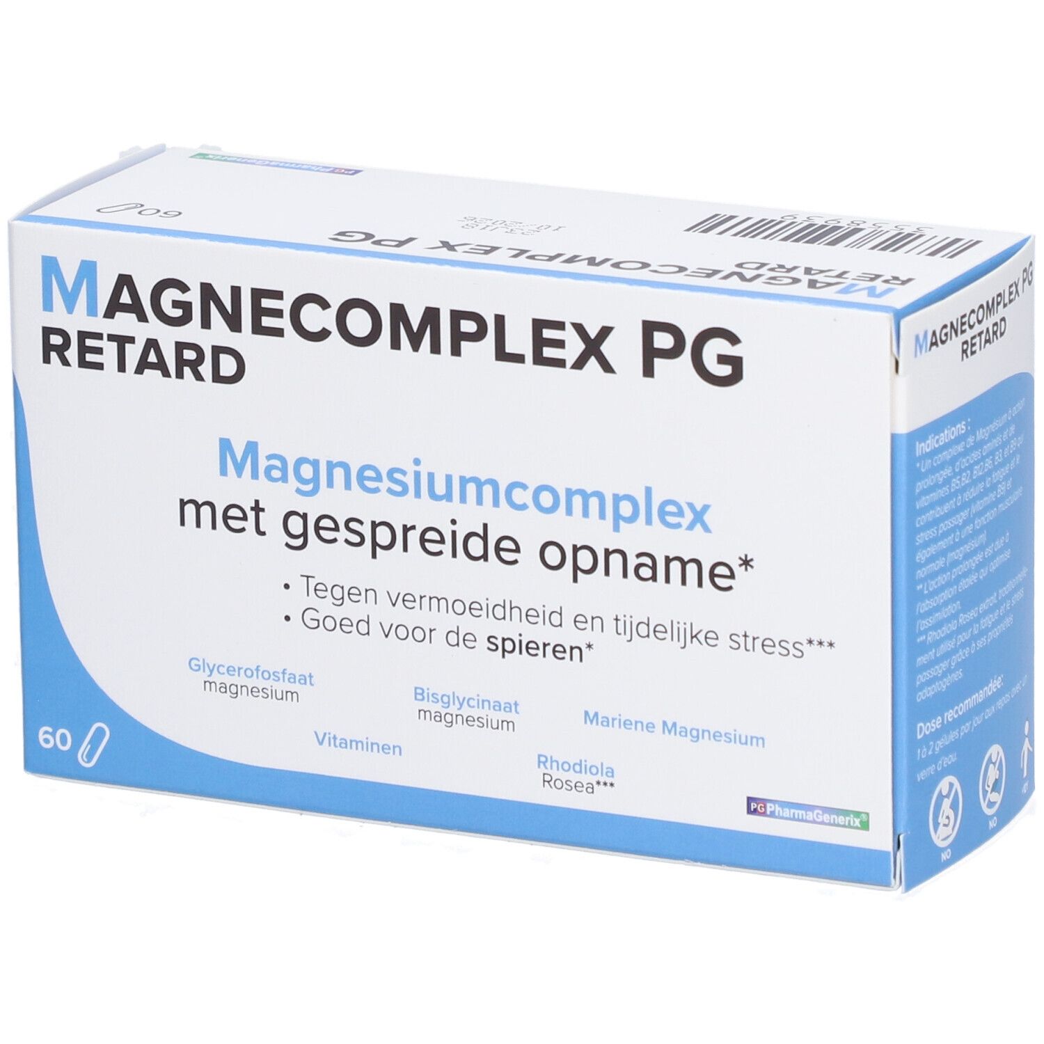 Boîte 'Magnecomplex Retard PG'. Texte: 'Magnesiumcomplex met gespreide opname'. 60 gélules. Emballage bleu et blanc.