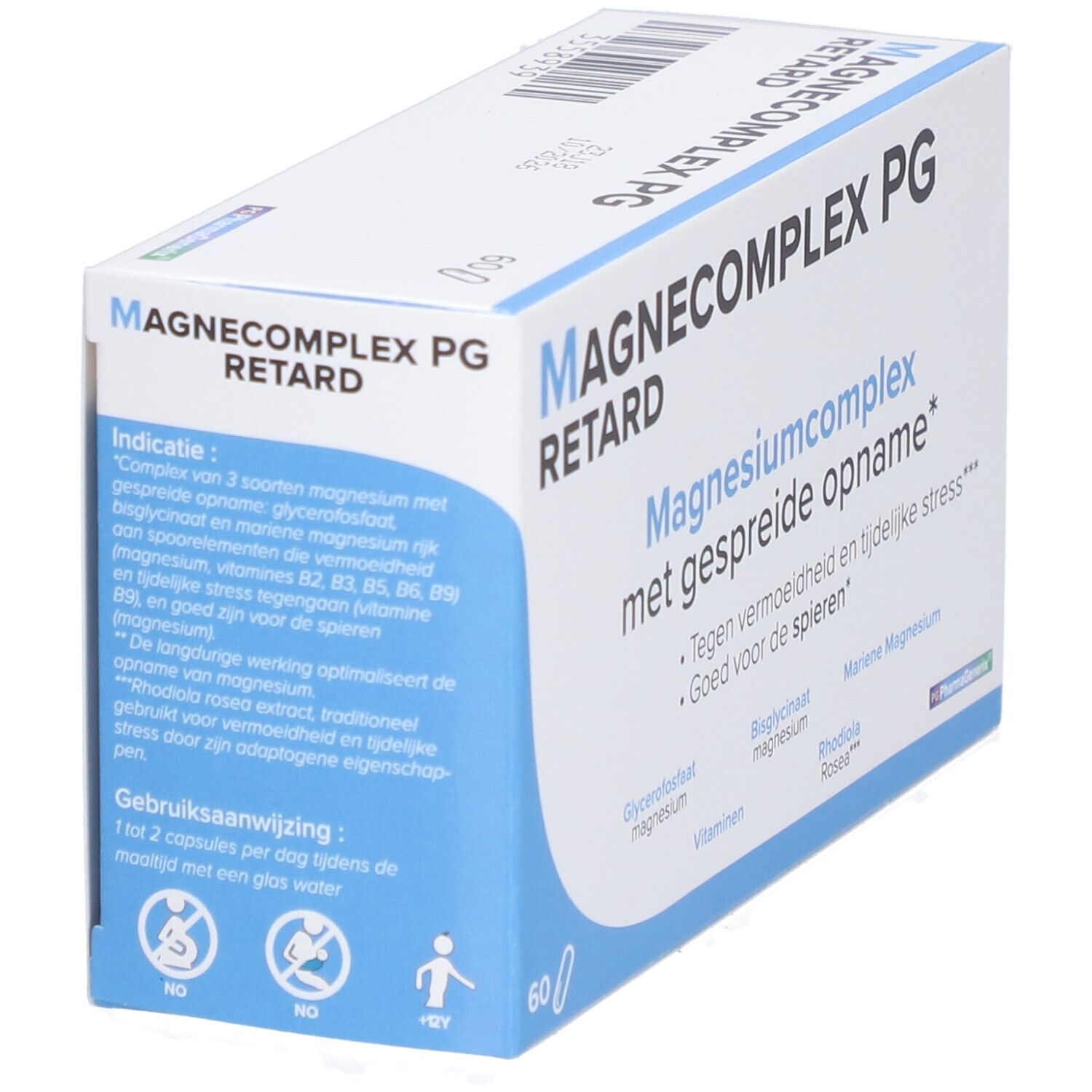Boîte 'Magnecomplex Retard PG' avec texte: 'Magnesiumcomplex met gespreide opname'. Contient 60 gélules. Emballage bleu et blanc.