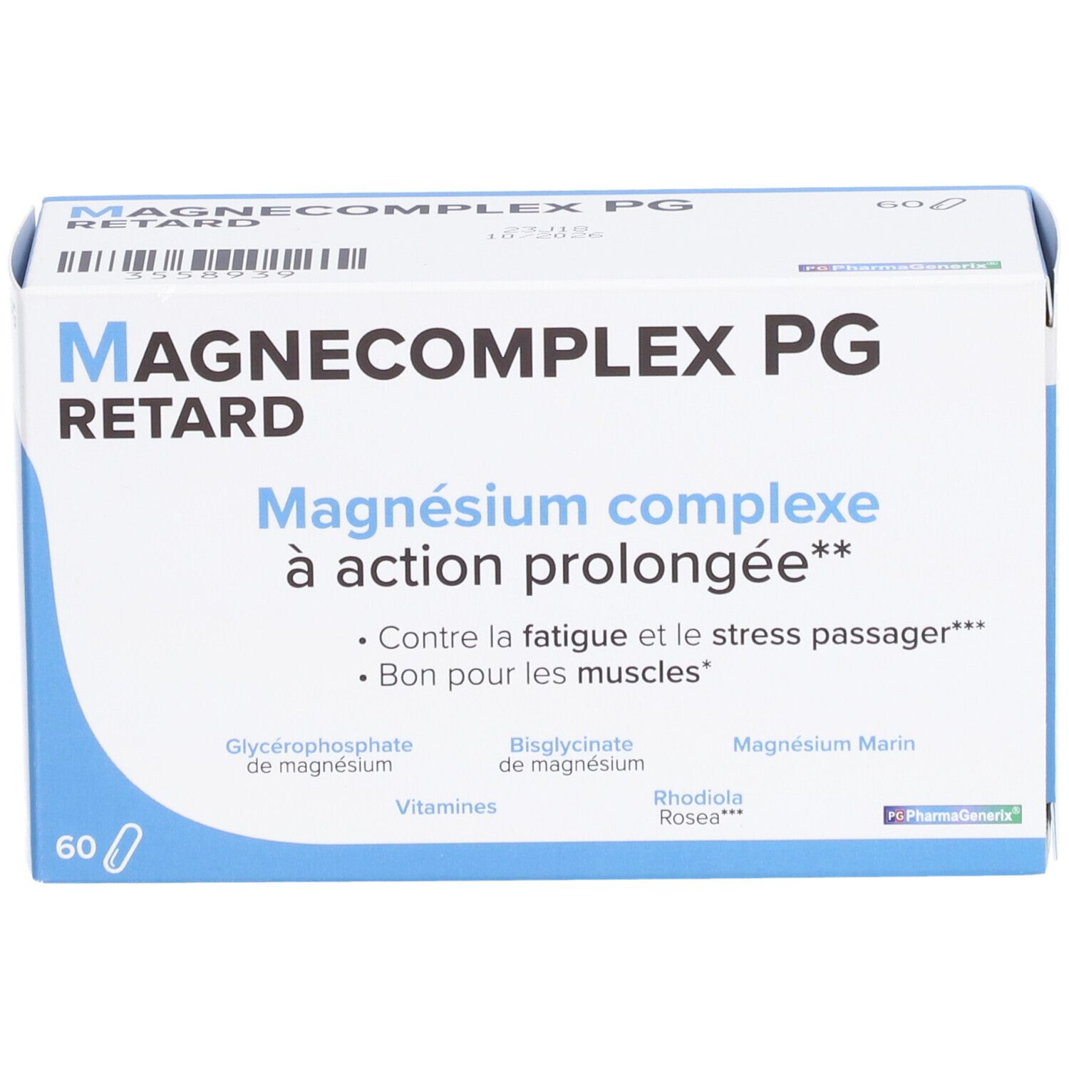Boîte 'Magnecomplex Retard PG'. Texte: 'Magnésium complexe à action prolongée'. 60 gélules. Emballage bleu et blanc.