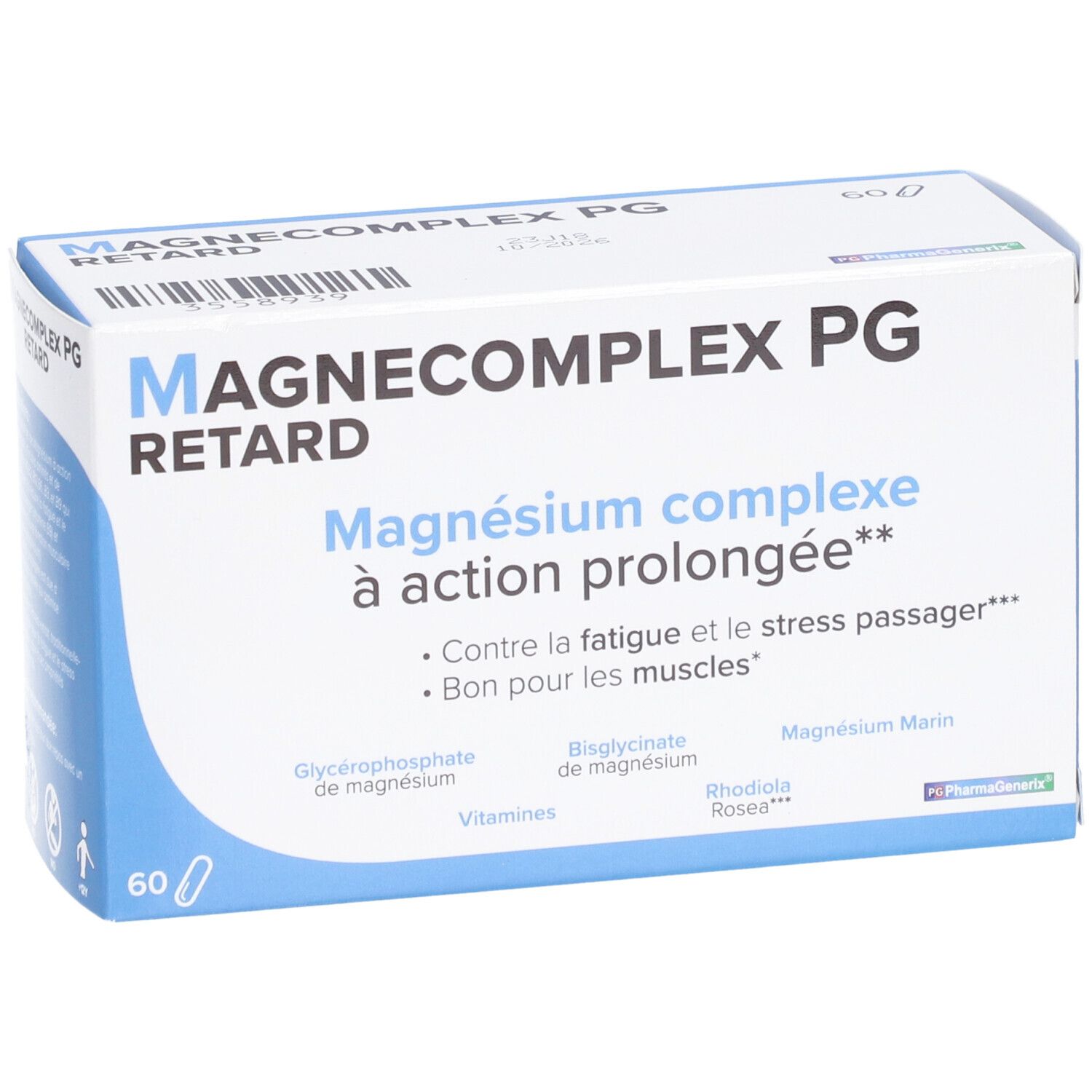Boîte 'Magnecomplex Retard PG'. Texte: 'Magnésium complexe à action prolongée'. 60 gélules. Emballage bleu et blanc.