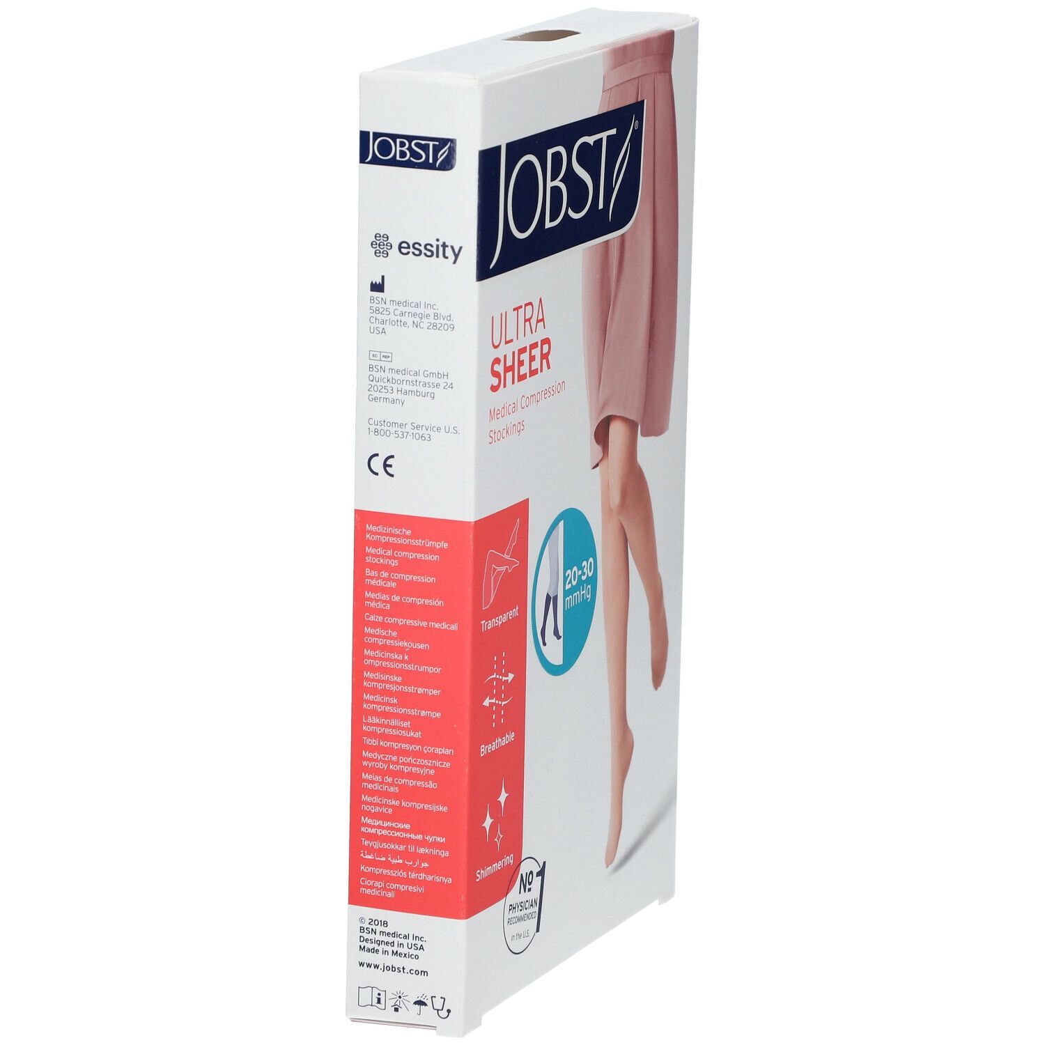 Verpakking van Jobst Ultrasheer compressiekousen. Opschrift: Ultra Sheer, transparante, ademende, glanzende medische compressiekousen.