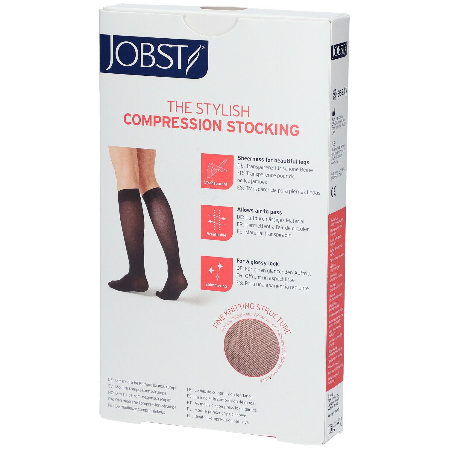 Verpakking van Jobst compressiekousen. Opschrift: The Stylish Compression Stocking. Illustratie: zwarte kniekousen. Kenmerken: transparant, ademend, glanzend.