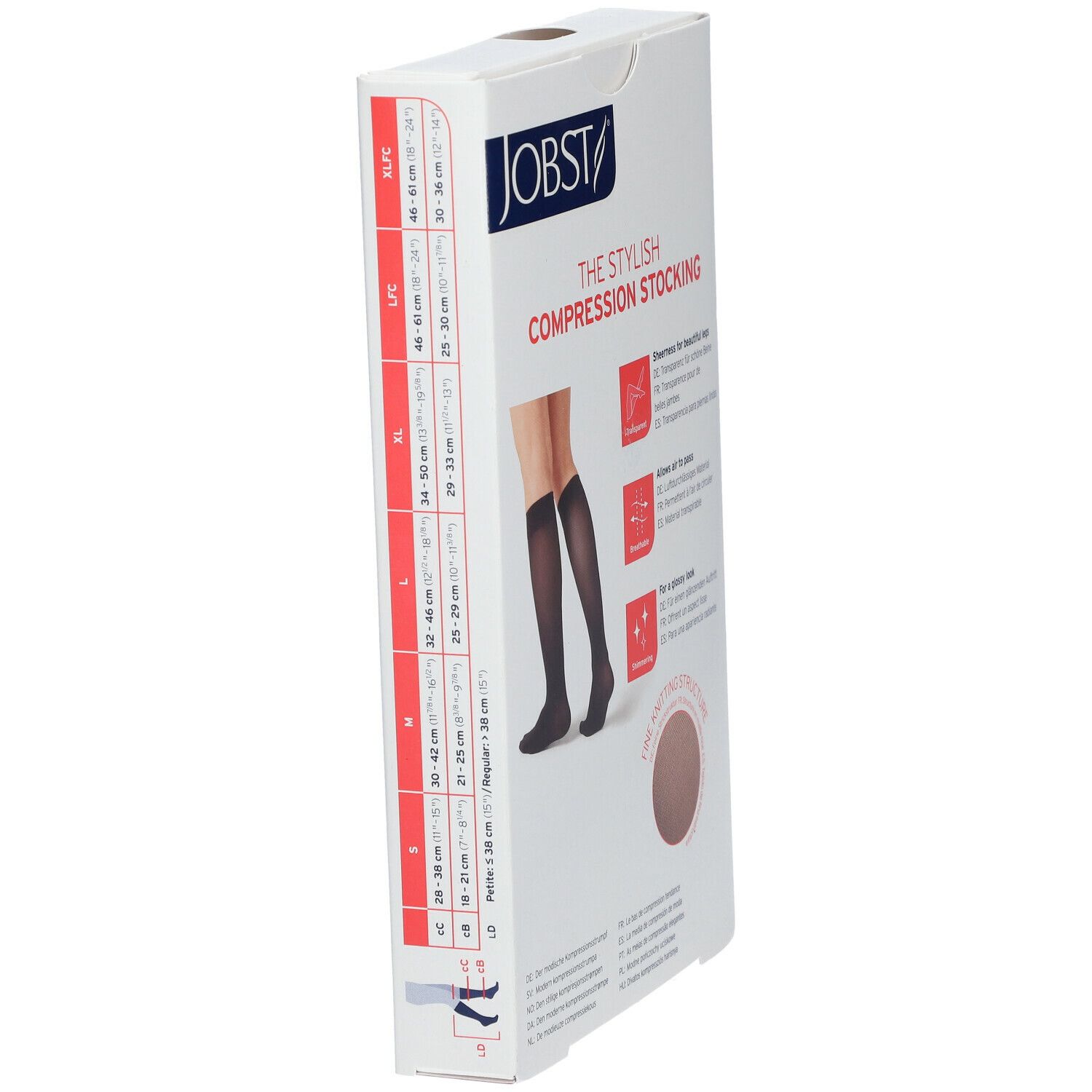 Verpakking van Jobst compressiekousen. Opschrift: The Stylish Compression Stocking. Maatindicaties. Illustratie: zwarte kniekousen.