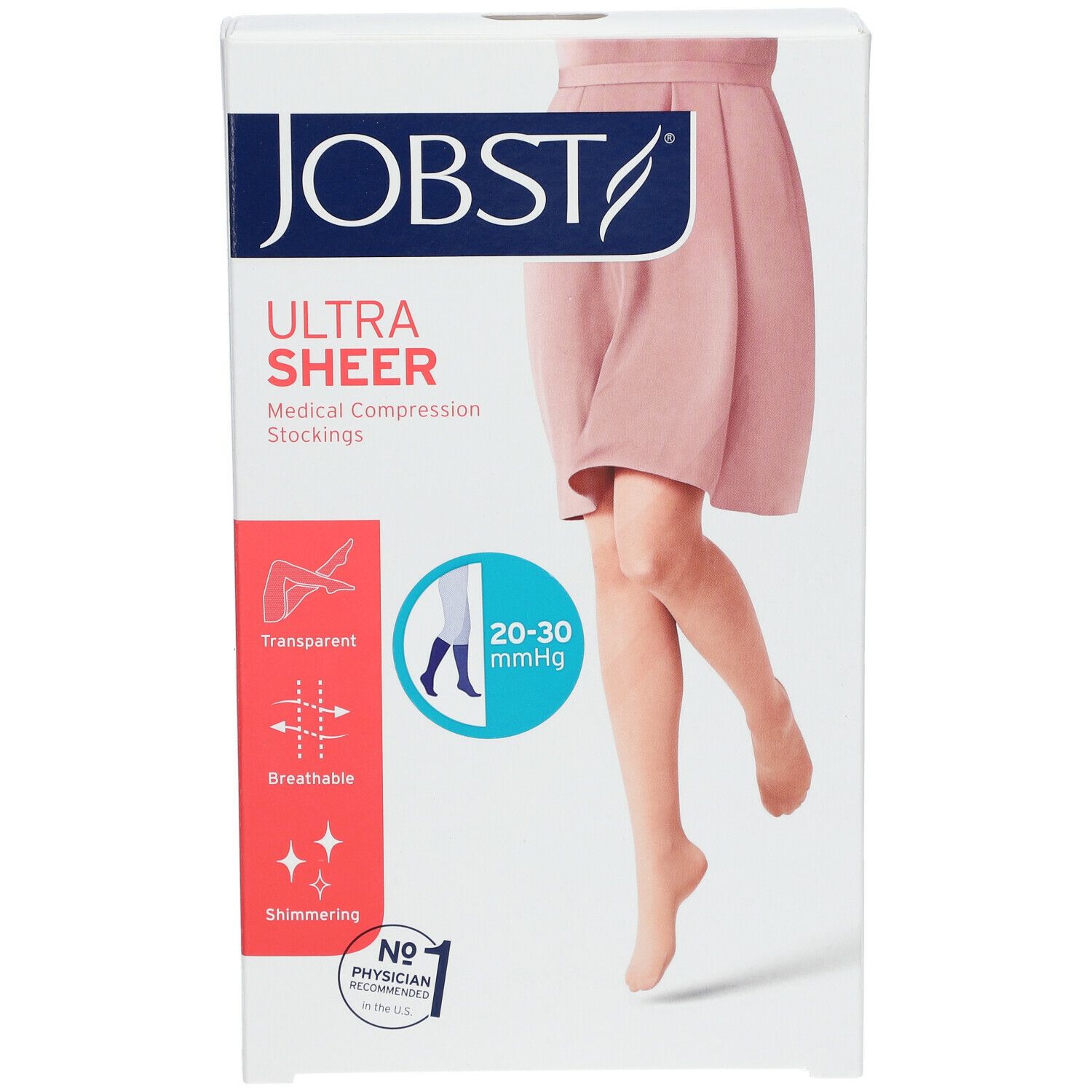 Verpakking van Jobst Ultrasheer compressiekousen. Opschrift: Ultra Sheer, transparante, ademende, glanzende medische compressiekousen.