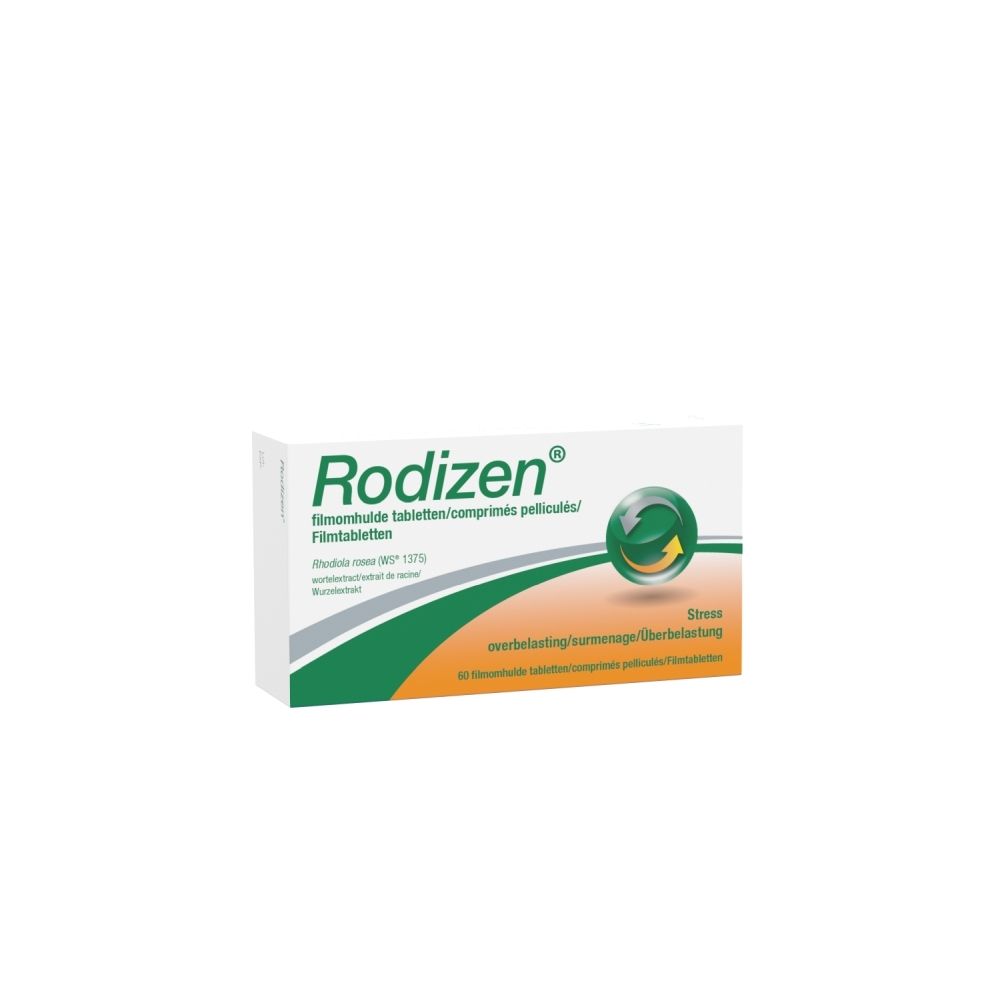 Rodizen® verpakking met 60 filmomhulde tabletten tegen overbelasting.