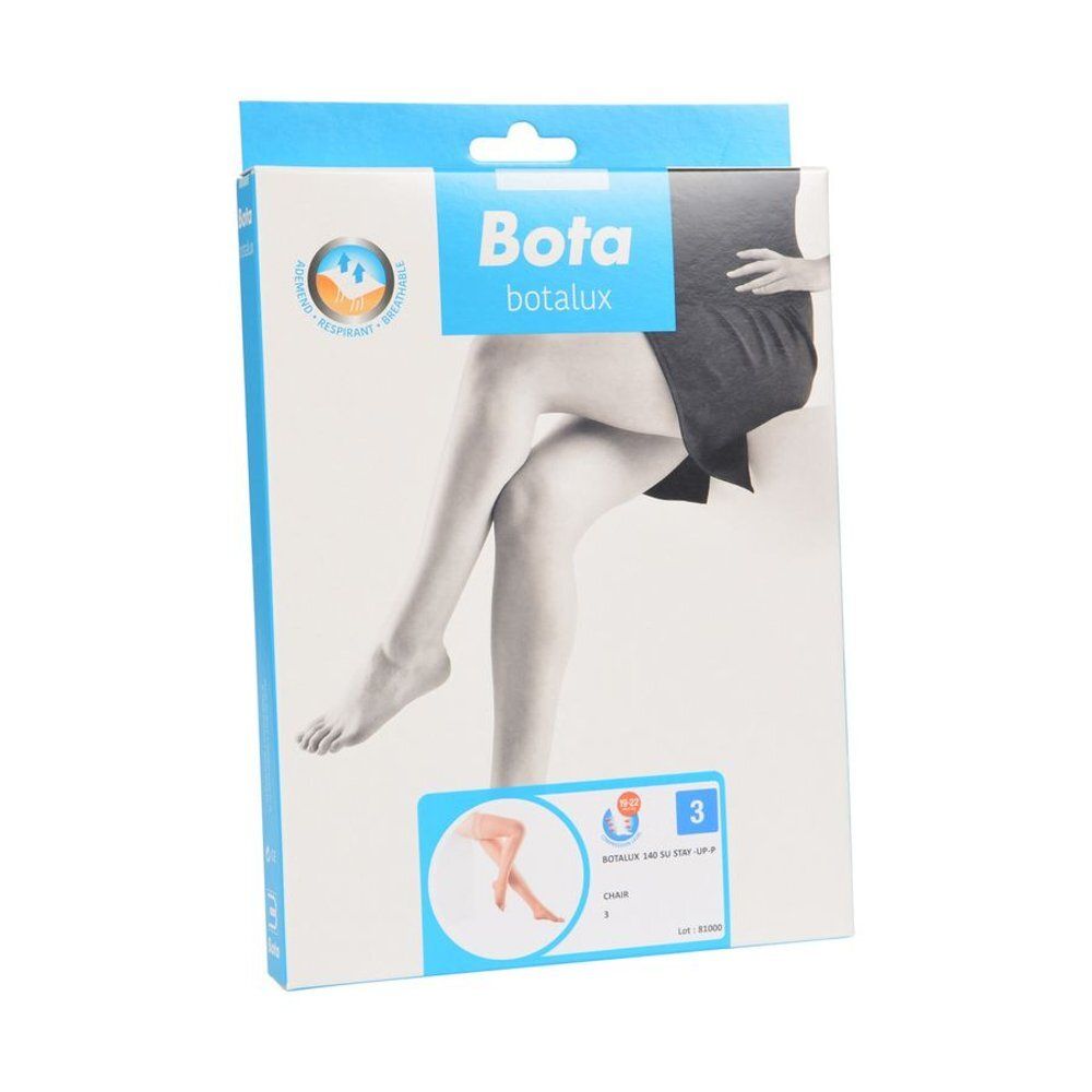 Verpakking met Bota BOTALUX steunkousen. Afbeelding van benen. Productnaam en details op de verpakking.
