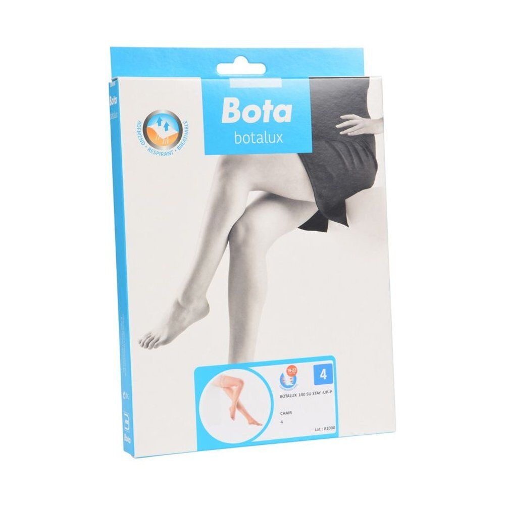 Bota botlux 140 SU Stay-Up Maat 4. Verpakking met afbeelding van benen. Blauw en witte verpakking met logo.