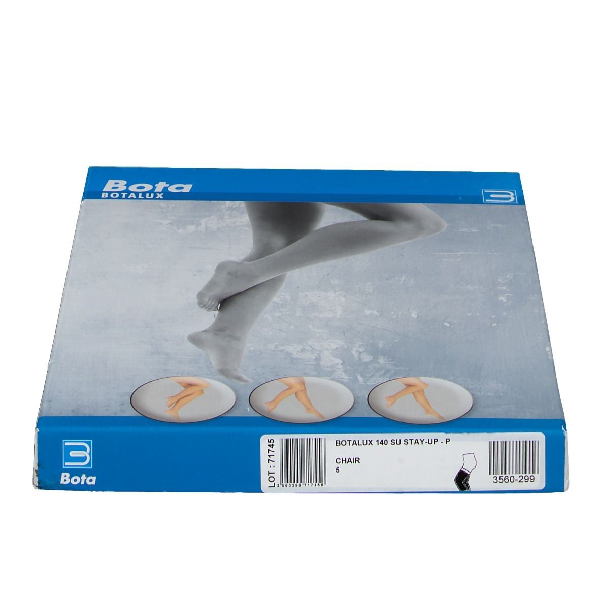 Boîte de bas de contention Bota Botalux. Boîte bleue avec image du produit et logo de la marque. Nom du produit et taille.