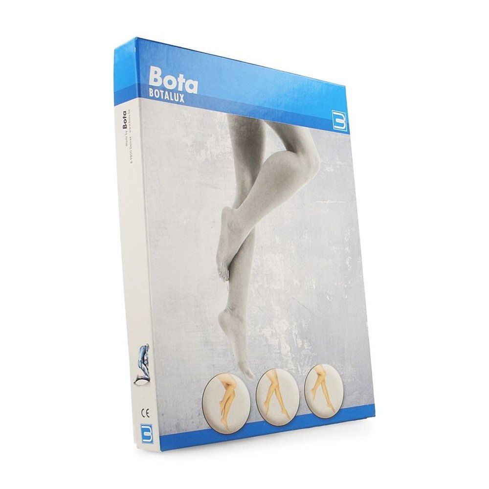 Bota Botalux verpakking, zijaanzicht. Productillustraties en logo. Blauwe en witte kleuren.
