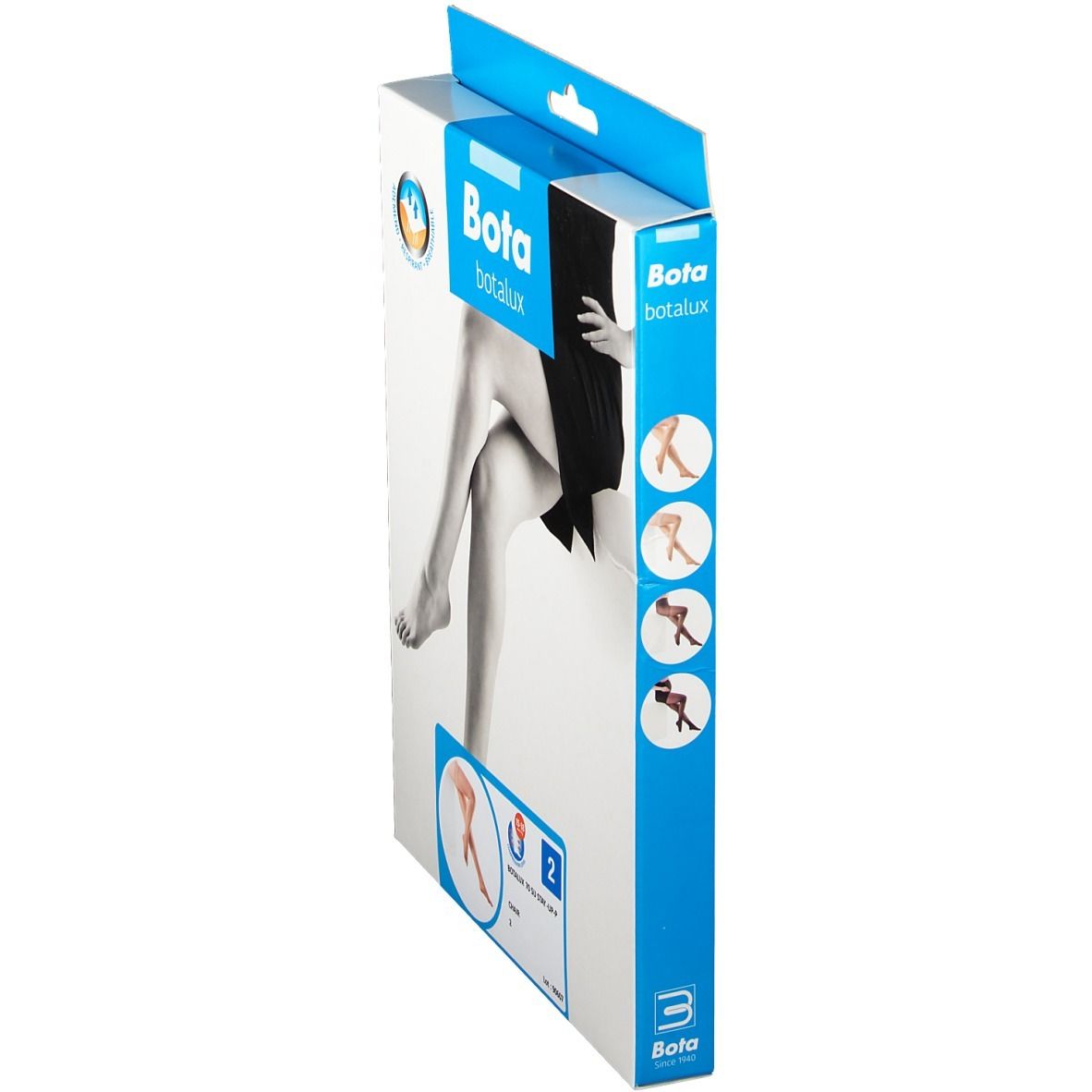 Verpakking van Bota Botalux panty. Zijaanzicht. Illustratie van benen. Maat 2. Blauw-witte verpakking.