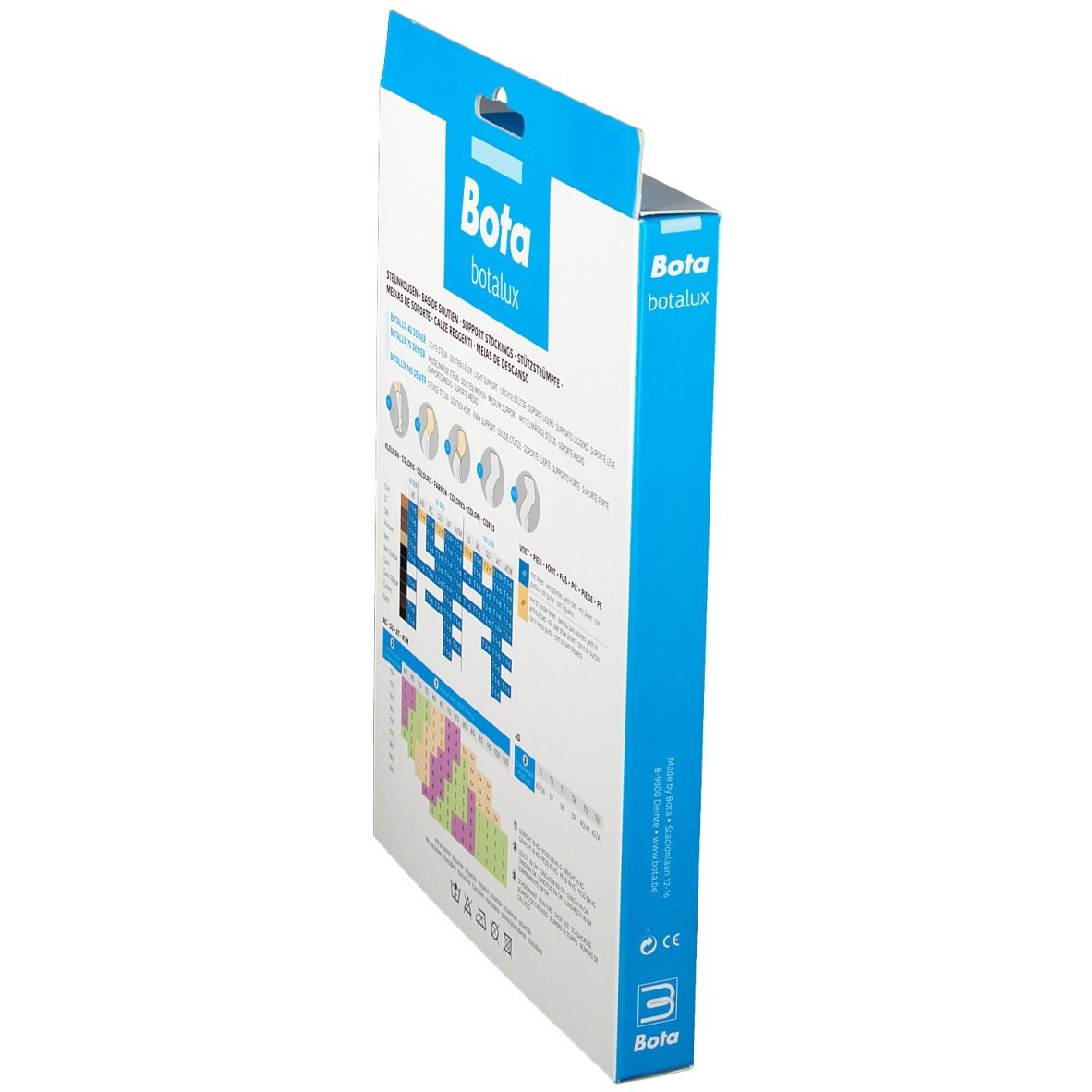 Achterkant van de Bota Botalux pantyverpakking. Zijaanzicht. Informatie over maten en kleuren. Blauw-witte verpakking.