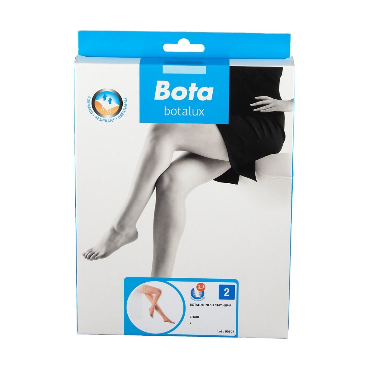 Verpakking met Bota Botalux panty. Illustratie van benen. Maat 2. Blauw-witte verpakking.