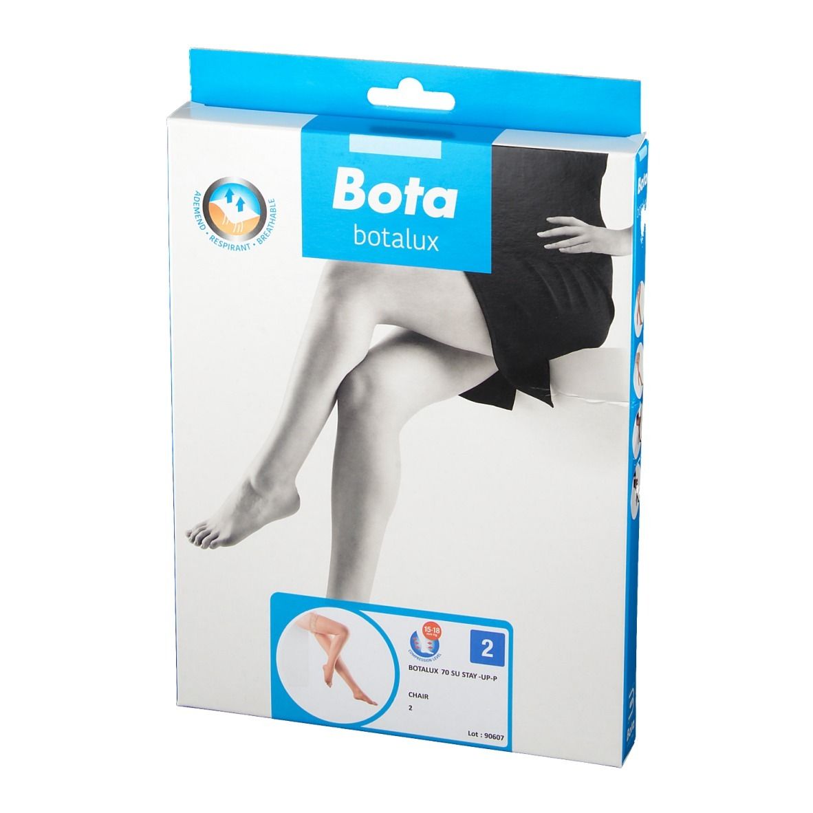 Verpakking met Bota Botalux panty. Illustratie van benen. Maat 2. Blauw-witte verpakking.