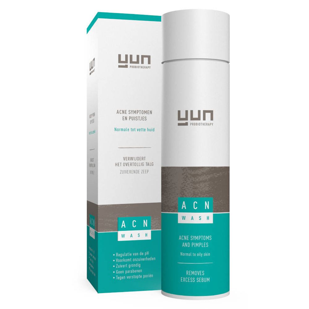 Twee witte flessen met bruine band. Opschrift: YUN, ACN Wash. Op de verpakking: Acne symptomen en puistjes.